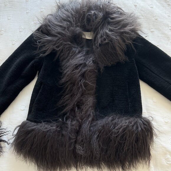Charlotte simone black agfhan coat with grey fur collar - Picture 2 of 4